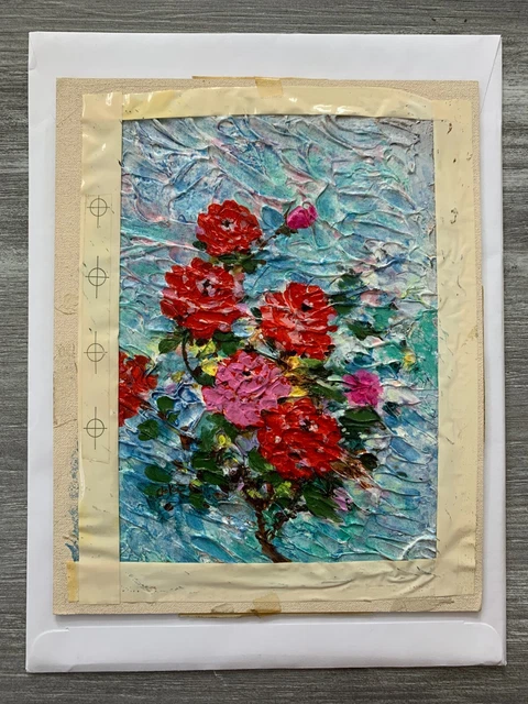 HAPPY BIRTHDAY Painted Impasto Red and Pink Flowers 8x10" Greeting Card Art B513