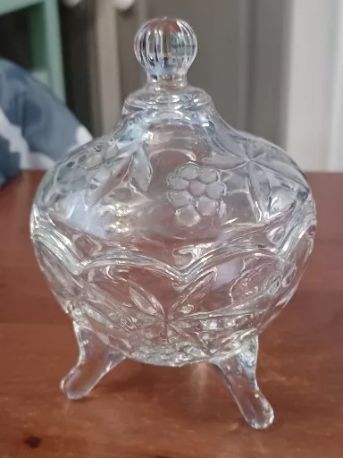 Vintage Clear Glass Anchor Hocking 3 Footed Covered Candy Dish 5" Tall