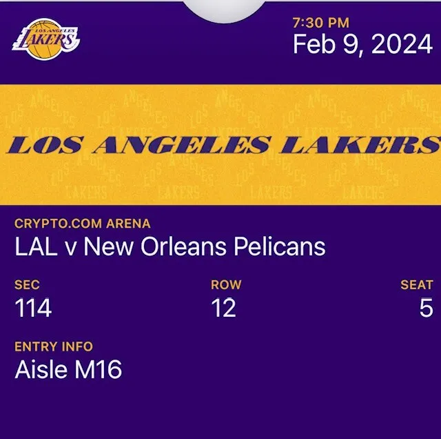 LA LAKERS v New Orleans Pelicans Sec 114 Row 12 Seats 5&6 Two Tickets Feb 9 2024