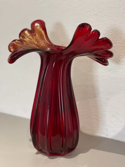 Murano Glass Vase Archimede Seguso Jack in Pulpit -Red Ribbed Sommerso 14.4 Tall