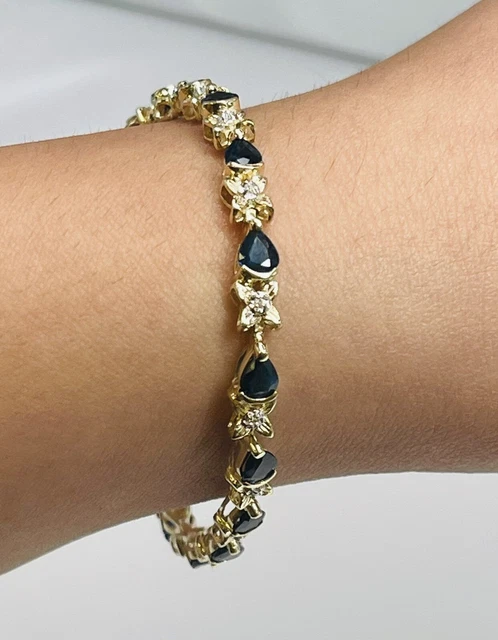 14k Yellow Gold 9.4g, Teardrop Sapphires & Flower Diamonds Tennis Bracelet 13.5” 14k Yellow Gold 9.4g, Teardrop Sapphires & Flower Diamonds Tennis Bracelet 13.5”