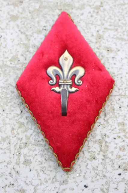 Lovely Vintage Mid Century Coat Hook Fleur De Lis Lys Red Velvet and Brass #621