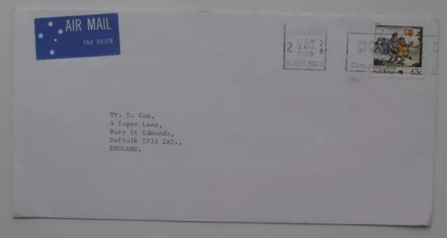 AUSTRALIA  AIR MAIL LETTER 1988 WITH 'LIVING TOGETHER' 63c STAMP. 13.04.88