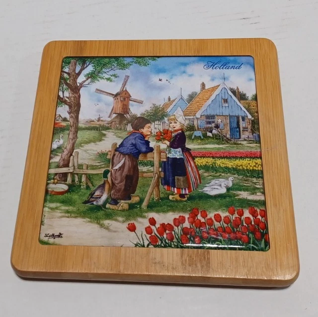 Deltware Holland Children Windmill Ceramic Tile With Wood Backing Wall Hanger