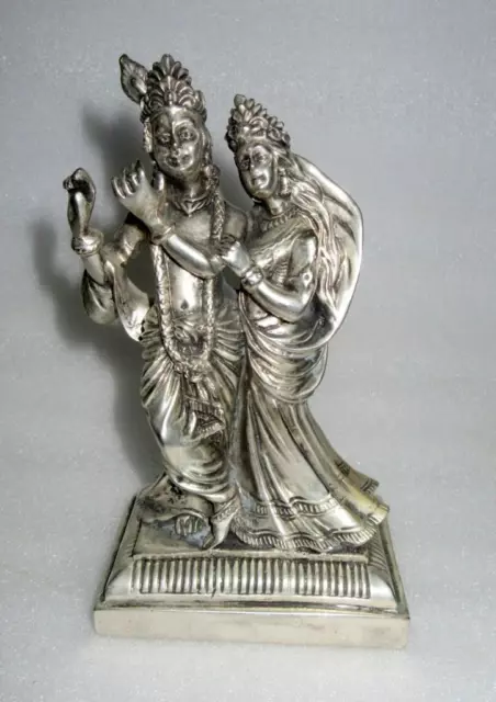 Antik Alt Selten Kupfer Handgeschnitzt Versilbert Hindu God Radha-Krishna Statue