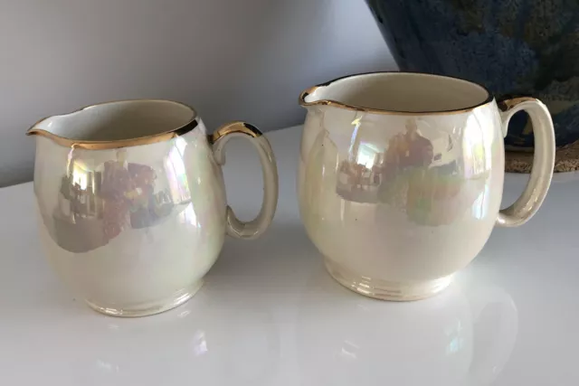Vintage Sadler Cream Barrel lustre iridescent jugs 1 Pair.  4" & 3.5" Tall