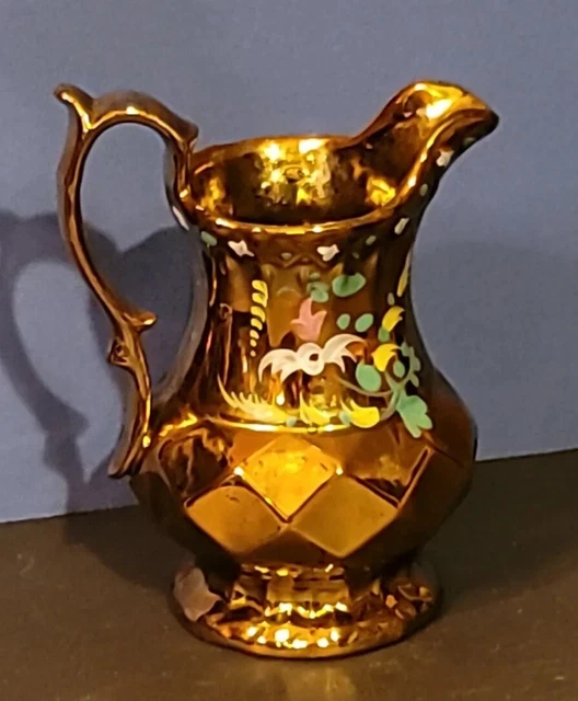 Antique LG Ornate Copper Luster Pitcher Hand Painted Colorful Flowers AS FOUND