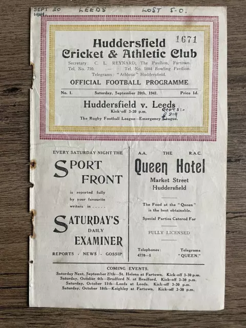 Wartime Rugby League Programme Huddersfield v Leeds 20th September 1941 War Rare