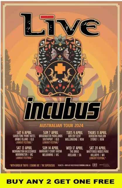 LIVE & INCUBUS   2024 Australian Laminated  Tour Poster A4  FREE POSTAGE