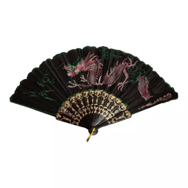 Black Silk Oriental Feng Shui Wall Fan Pink Embroidered Dragon Green Trim