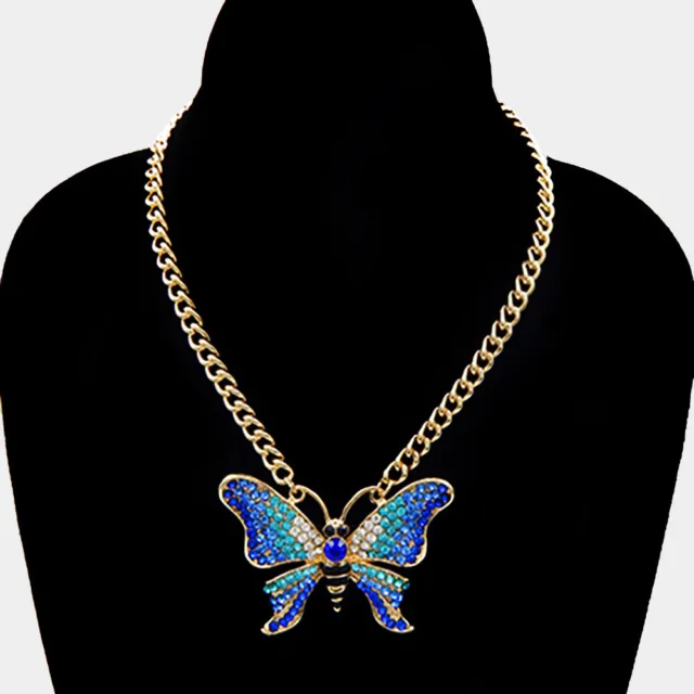 NEW Blue Butterfly Rhinestone Bling Gold Tone Cuban Chain Link Pendant Necklace