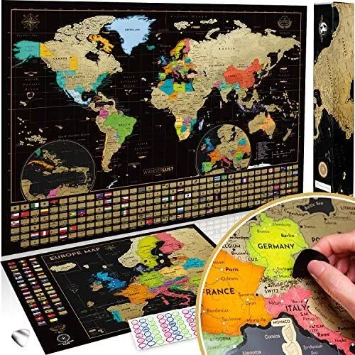 Two Scratch Off Maps - Scratch Off World Map + Europe Map - Deluxe Scratch-Off