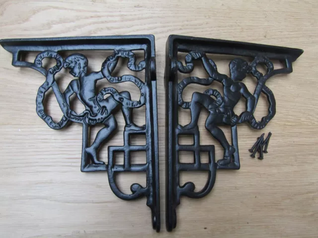 PAIR OF CHERUB BLACK cast iron rustic shelf support wall brackets