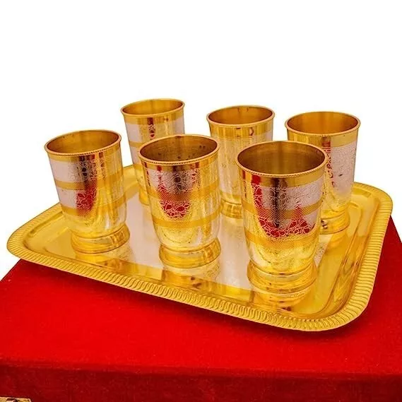 Antique Elegant Designer Silver Gold Plated Brass Drinking Water Glass Tray 7Pcs