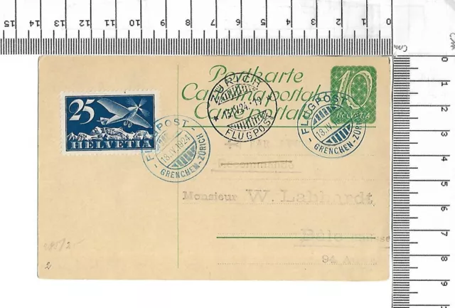 Flugpost 13.IV.1924 Grenchen Zürich Ganzsache 10 Ct. Sonderstempel ; 62007