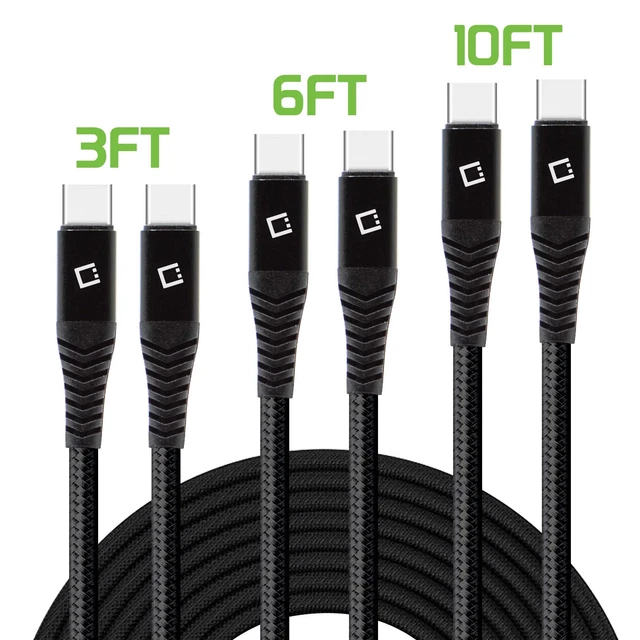 3-Pack (3ft, 6ft, & 10ft) High-Speed 3A Nylon Braided USB-C to USB-C Charge &