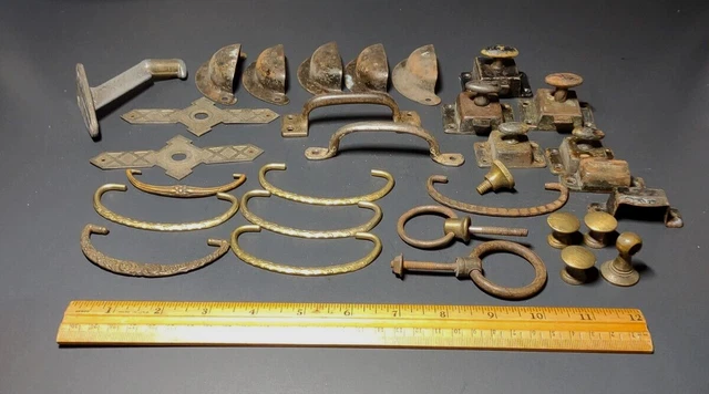 Large Lot Antique Metal Architectural Salvage Cabinet Hardware Misc *Latches ++