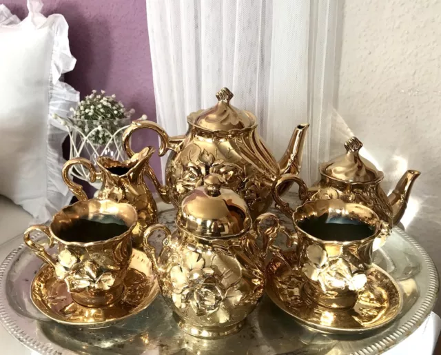 Antik alt barock üppiges Stuckdekor Porzellan Kaffeeservice gold Rosenhäferl 3