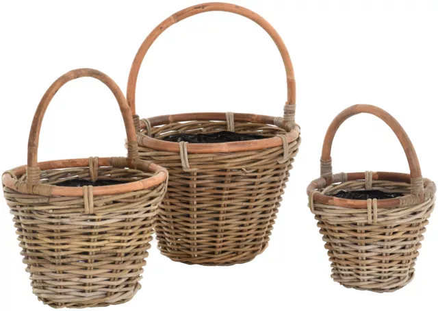 Set/3  Pflanzkorb mit Folie/ Bügel/ Dekokorb / rund / aus Rattan Natur (Grau)