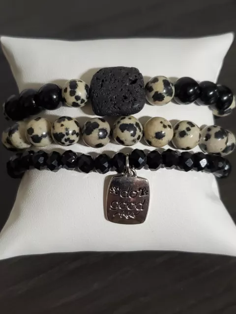 Essential Oil Diffuser Lava Bead Bracelet Set 7" Black Lava Dalmation Jasper