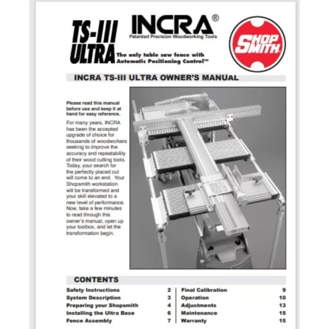 Shopsmith Incra TS-III Tablesaw manual 16 pages gloss covers comb bound