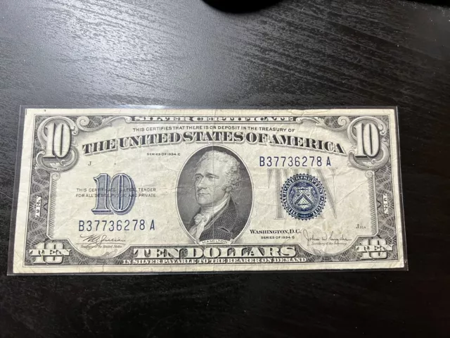 1934 C $10 Silver Certificate Blue Seal Note B37736278A