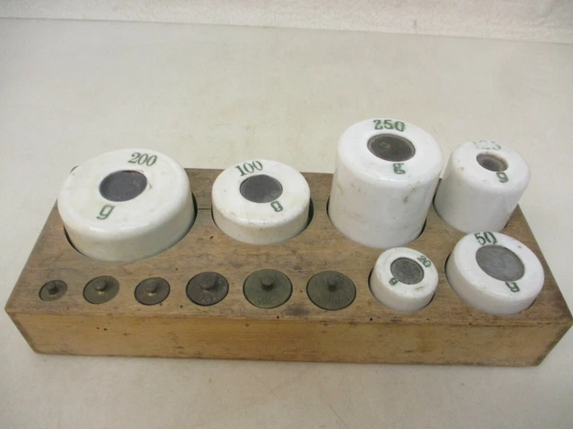 x-78021	Alter Porzellan/Messing Gewichtssatz 1-250g,mit Gebrauchsspuren