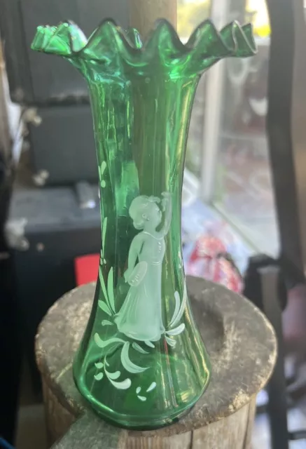 Antico Mary Gregory Verde Vetro Vaso Dipinto a Mano Vittoriano Donna Pastorale