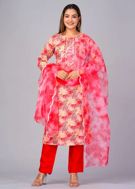 Indian Women Cotton Red Embroidery Printed Straight Kurta and Pant With Dupatta