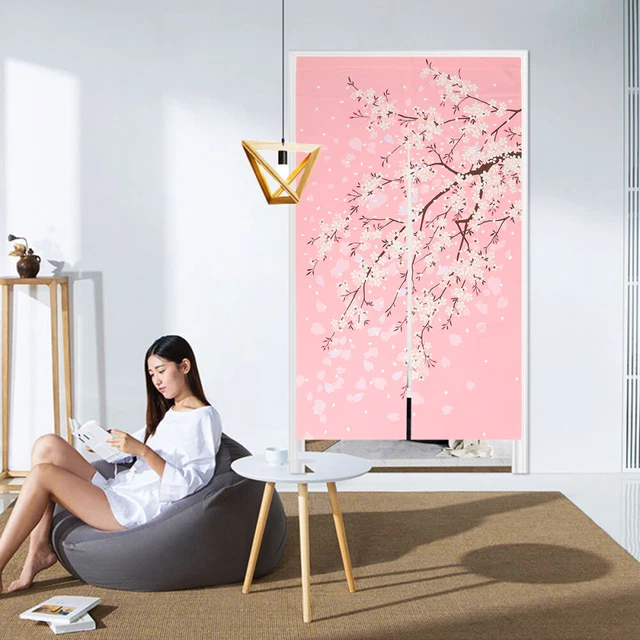 Cortina de puerta de primavera japonesa tierna rama Sakura con flores blancas para decoración