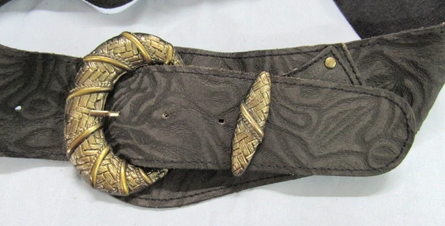 Vintage GENUINE TOOLED LEATHER Black BASKETWEAVE BRASS BUCKLE Hip Belt Sz S 2
