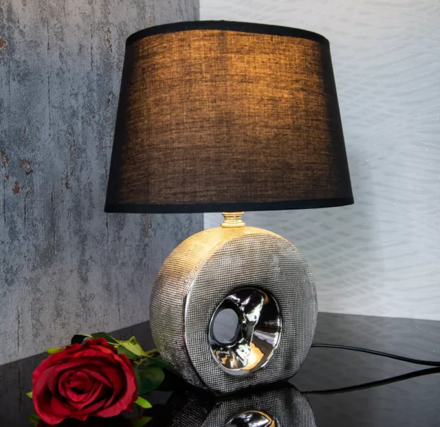 Lampe schwarz silber Nachttischlampe Tischlampe Leuchte Keramik Tischleuchte