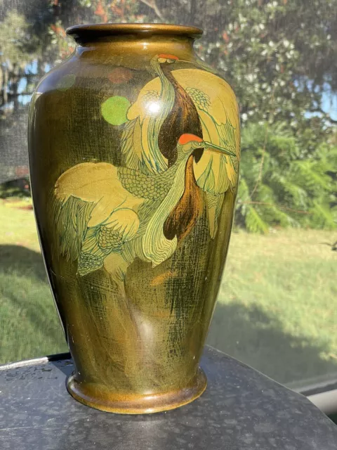 Vintage Hand Painted Chinese Cranes Olive Green Brushed 13” Terracotta Vase Urn