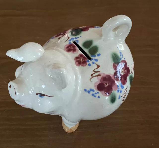 Vintage 7” Pig Piggy Bank Ceramic Hand Painted Flowers Japan