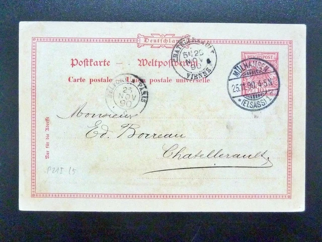 DR-Auslandspostkarte P21 I, Stempel MÜHLHAUSEN nach CHATELLERAULT - Firmendruck