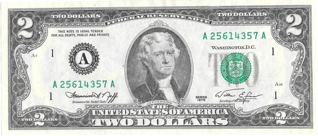 Us $2 Series 1976 A (Boston) Serial A Two Dollars In Great Condition