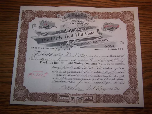 1896 Little Bull Hill Gold Mining Stock Certificate Cripple Creek CO D Reynolds