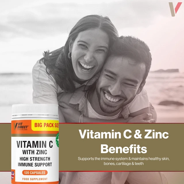 VITAMIN C WITH Zinc Food Sup High Strength Immune Support Vit Direct 90