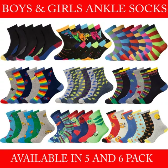 Boys Girls Ankle Socks Children Kids Multicoloured Design Novelty 5,6 Pack