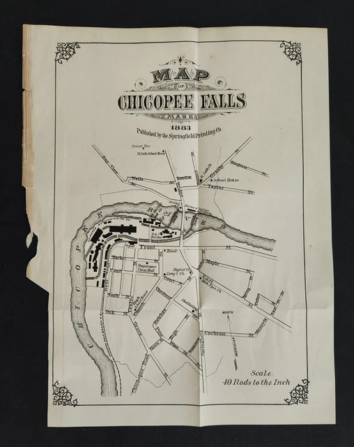 1883 antique CHICOPEE FALLS ma MAP foldout likely from directory