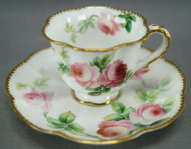 George Jones Hand Painted Pink Rose & Gold Demitasse Cup & Saucer C.1891-1921