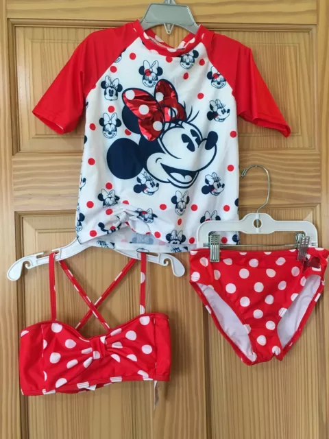 NWT Disney Store Minnie Mouse Swimsuit Short 3 pc UPF 50+ Girls 9/10