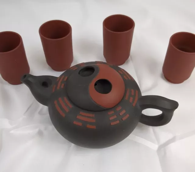 Chinese Yi Xing Ware Ying Yang Stoneware Small Tea Set With 4 Tea Cups Ceramic 2