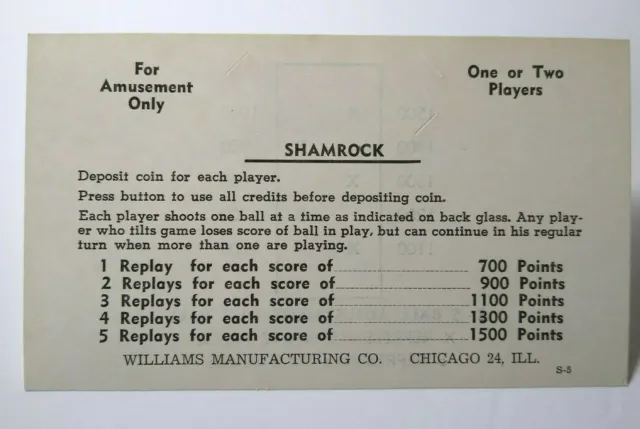 Shamrock 1956 Pinball Machine Score Card Instructions NOS Original S-5