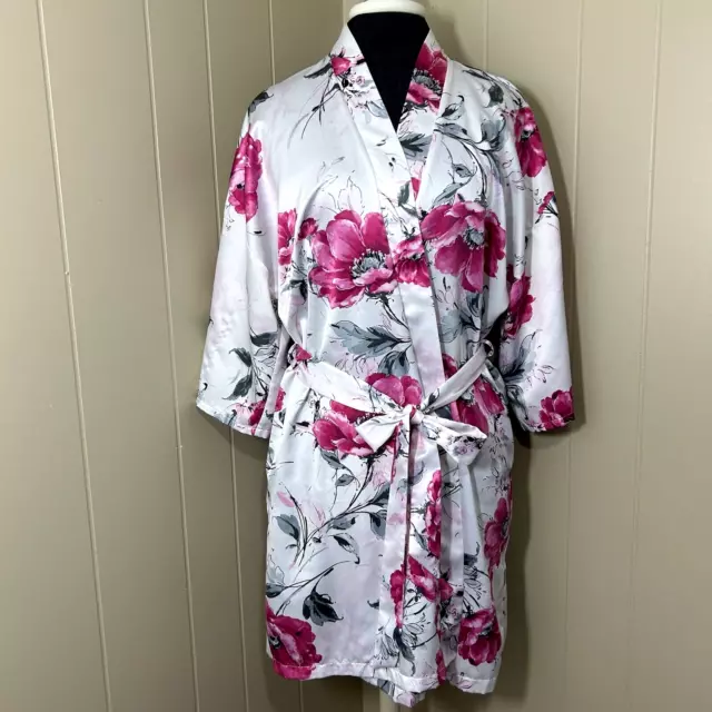 Apt. 9 Intimates Robe Small White Pink Floral Satin Wrap Kimono Knee Length *