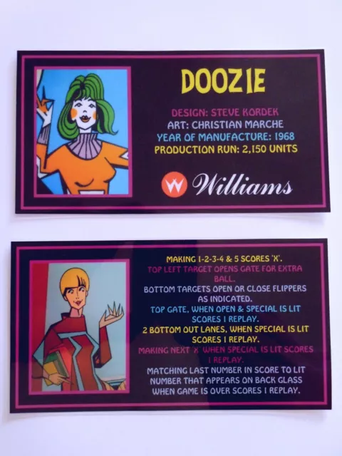 * * 'DOOZIE' Williams 1968 Custom Instruction/Apron Cards * * (New)