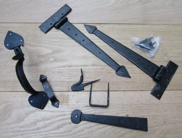 Pair of HAND FORGED IRON door t tee hinges + latch set old English cottage style