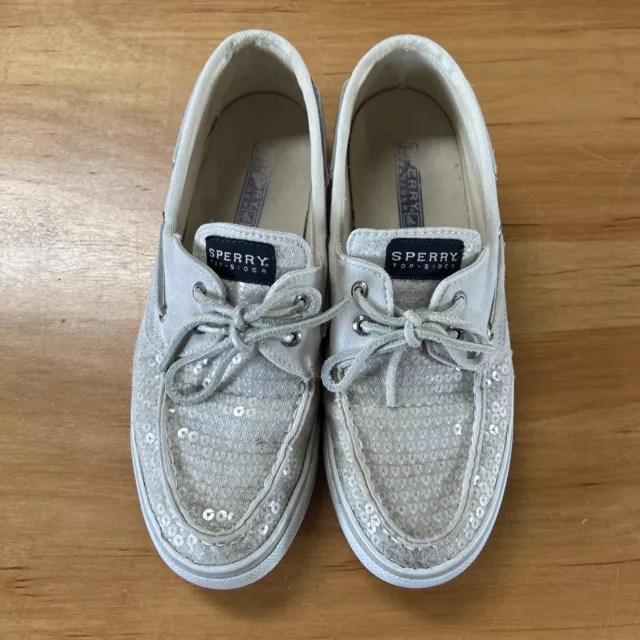 Sperry Top Sider B11-Ch171 Boat Shoes Size 8 Womens White Sequins Used
