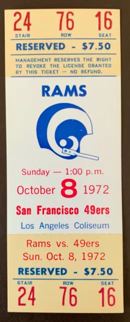 Los Angeles Rams 10/8/1972 ORIGINAL NFL ticket vs San Francisco 49ers