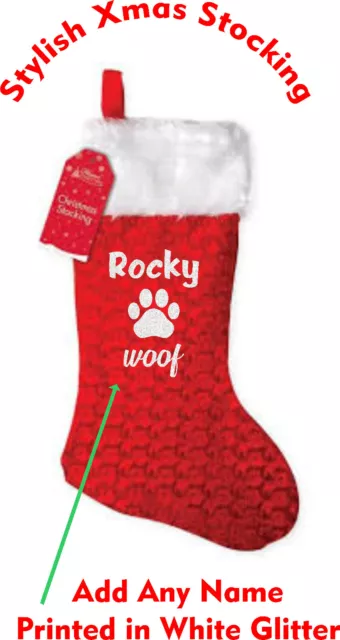 DOG Christmas PERSONALISED Stocking - Red Fluffy White Pet Xmas Sack, ADD NAME